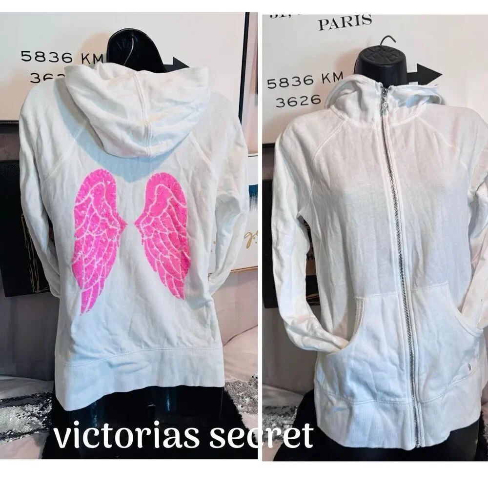 victorias vs victorias secret pink white hot pink zip up angel wings hoodie S